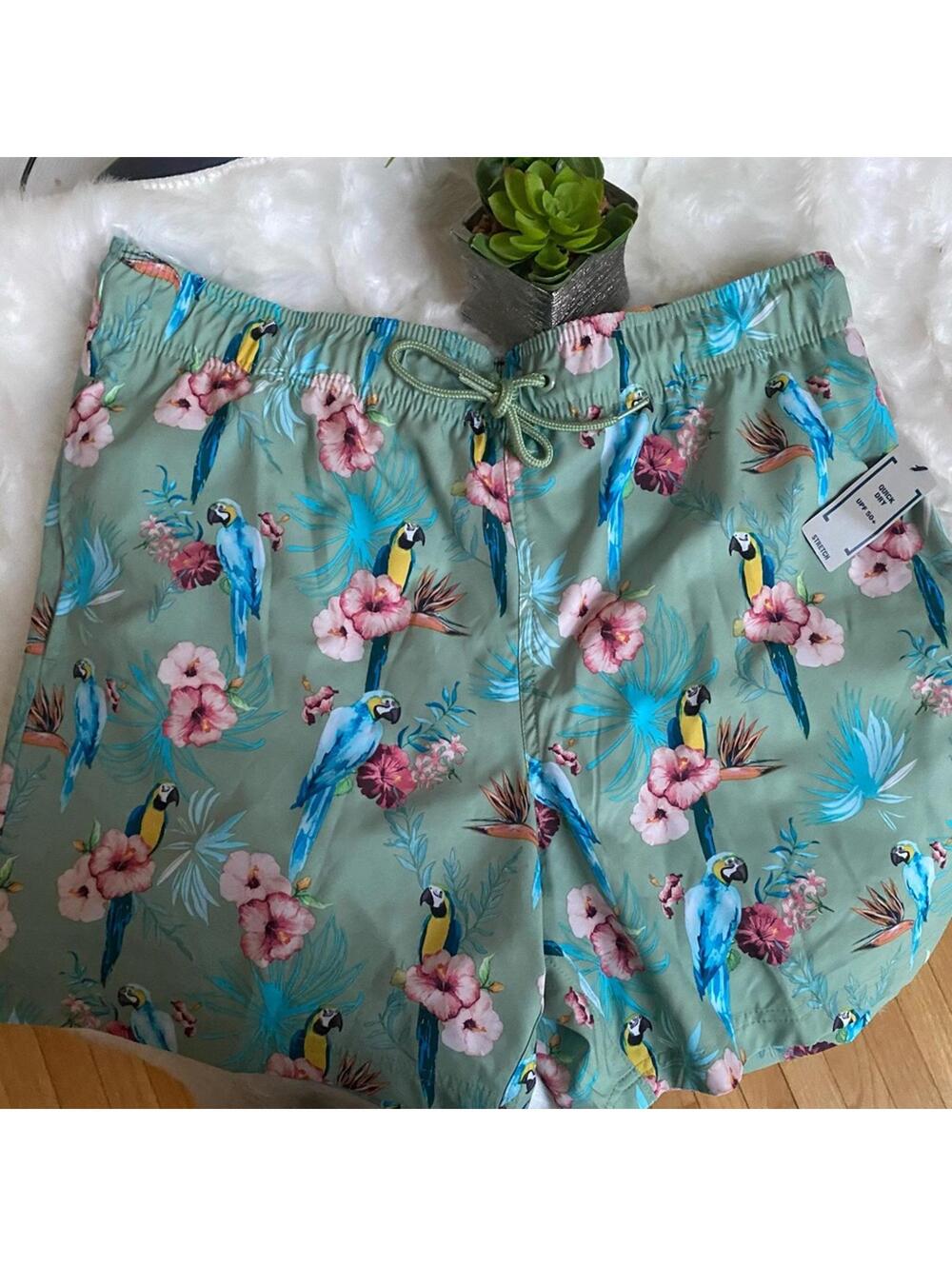 Men's Tropical Parrot Swim Trunks Shorts Green Print Large